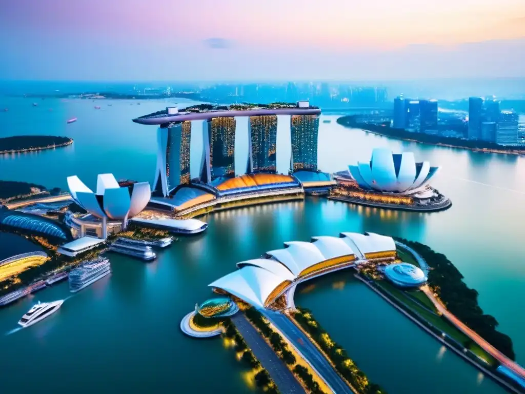 Esplendor urbano: Marina Bay al atardecer en Singapur Vista aérea impresionante del skyline de Singapur al atardecer, reflejando la modernidad y la recuperación del mercado inmobiliario en el Sudeste Asiático