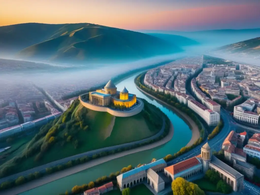 Skyline de Tbilisi: fusión de modernidad y historia al atardecer Vista aérea impresionante del skyline de Tbilisi, Georgia, fusionando modernidad y historia