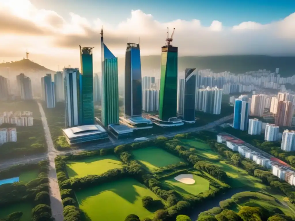Espléndida vista aérea de skyline moderno en ciudad latinoamericana Vista aérea impresionante de un skyline moderno en una bulliciosa ciudad de América Latina, con rascacielos y parques verdes