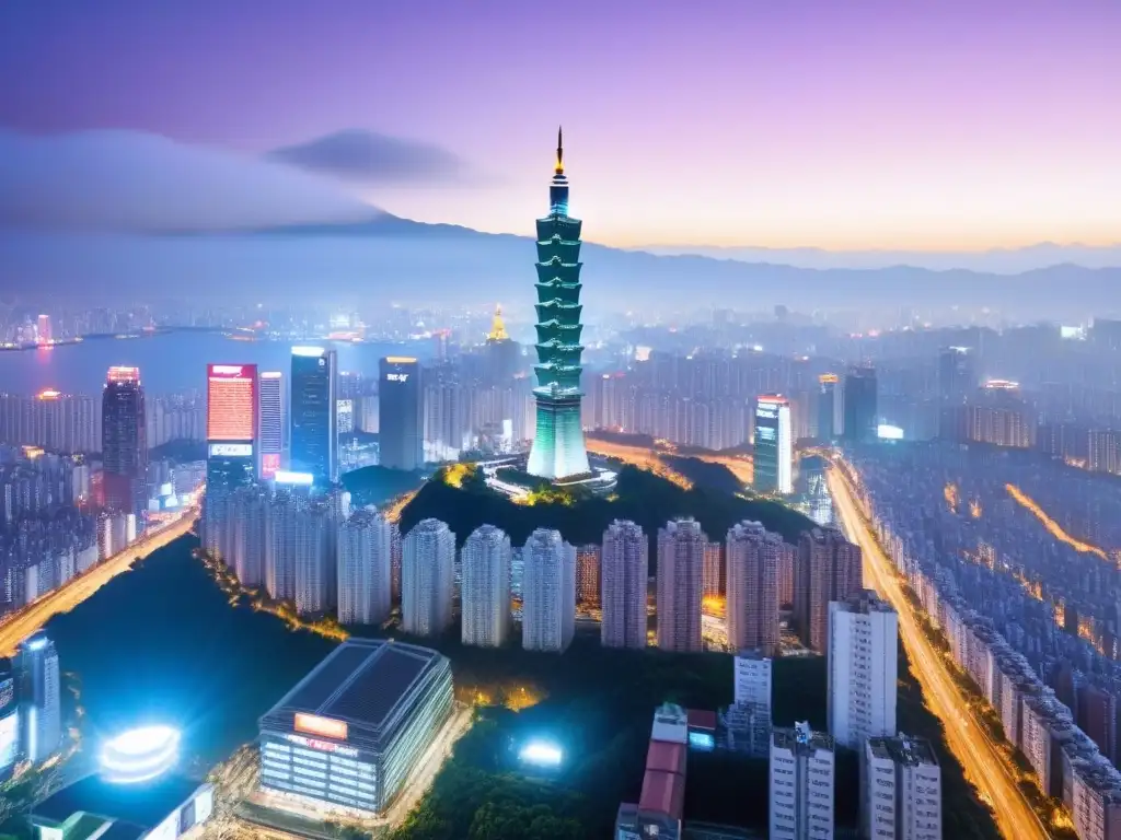 Espectacular vista aérea de Taipei 101 y la ciudad al anochecer Una vista aérea impresionante de Taipei al atardecer, con el icónico Taipei 101 destacando entre rascacielos brillantes