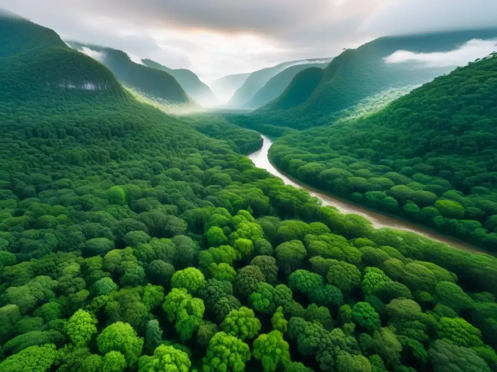 Selva virgen: belleza natural inexplorada Una vista aérea impresionante de un vasto bosque virgen con vegetación exuberante, un río serpenteante y luz filtrándose entre los árboles