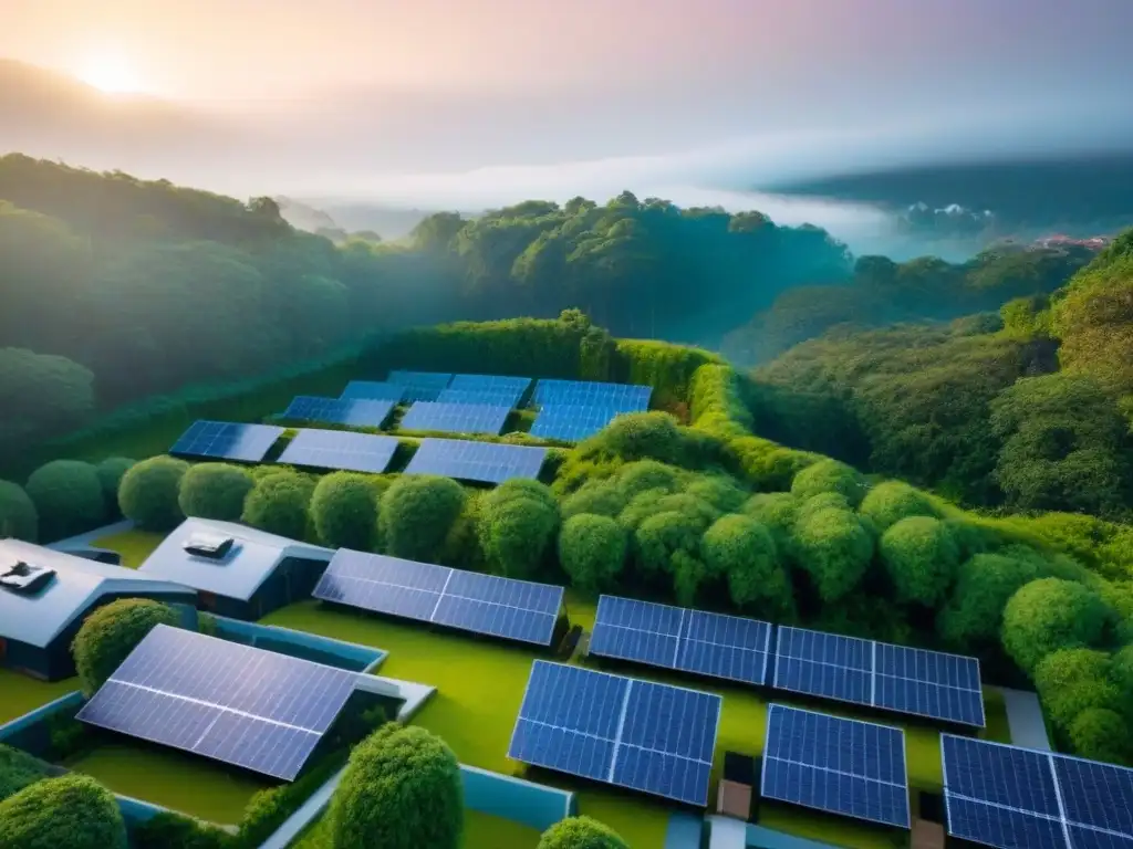 Innovador complejo ecológico: armonía verde y energía renovable Vista aérea impresionante de eco urbanización verde rodeada de árboles y paneles solares en techos