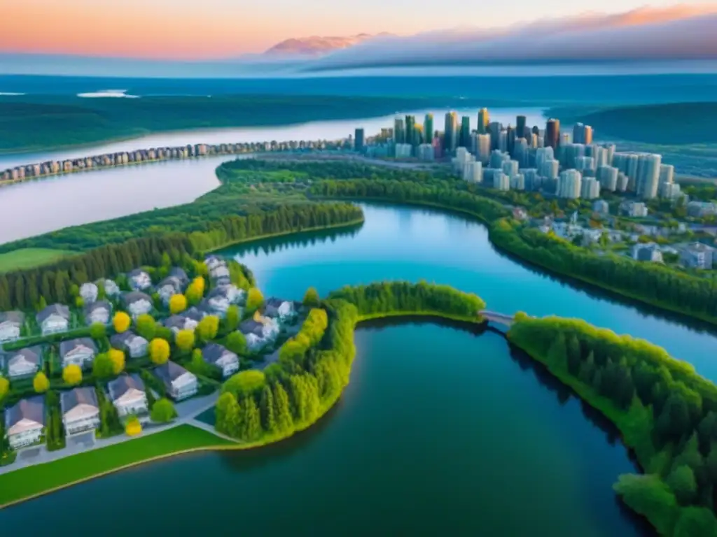 Skyline armonioso de Canadá: viviendas modernas entre naturaleza Vista aérea impresionante de una vibrante ciudad canadiense, mezcla de rascacielos modernos y casas tradicionales entre parques verdes y cuerpos de agua serenos