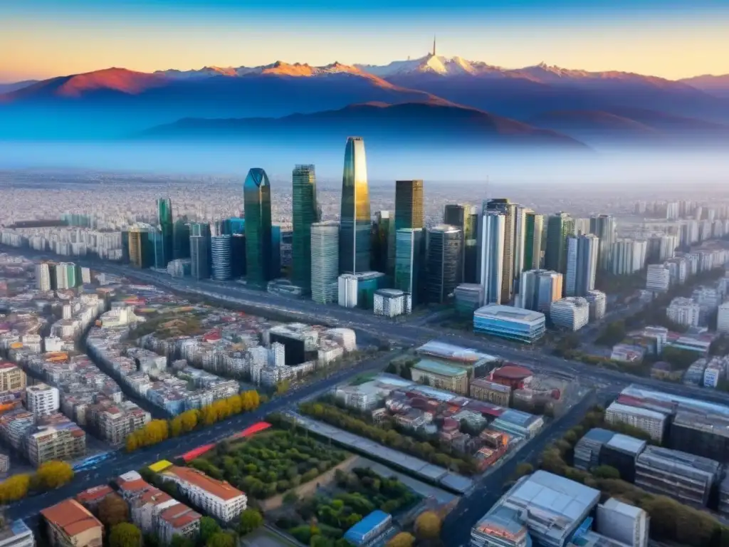 Vista aérea impresionante de Santiago, la vibrante capital de Chile, con sus rascacielos modernos y majestuosos Andes al fondo