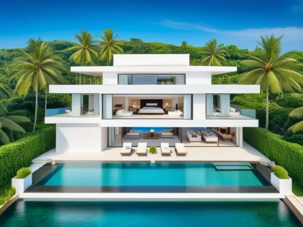 Villa de lujo frente al mar: oasis de tranquilidad y elegancia Vista aérea impresionante de villa playera de lujo con piscina infinita y vistas al mar