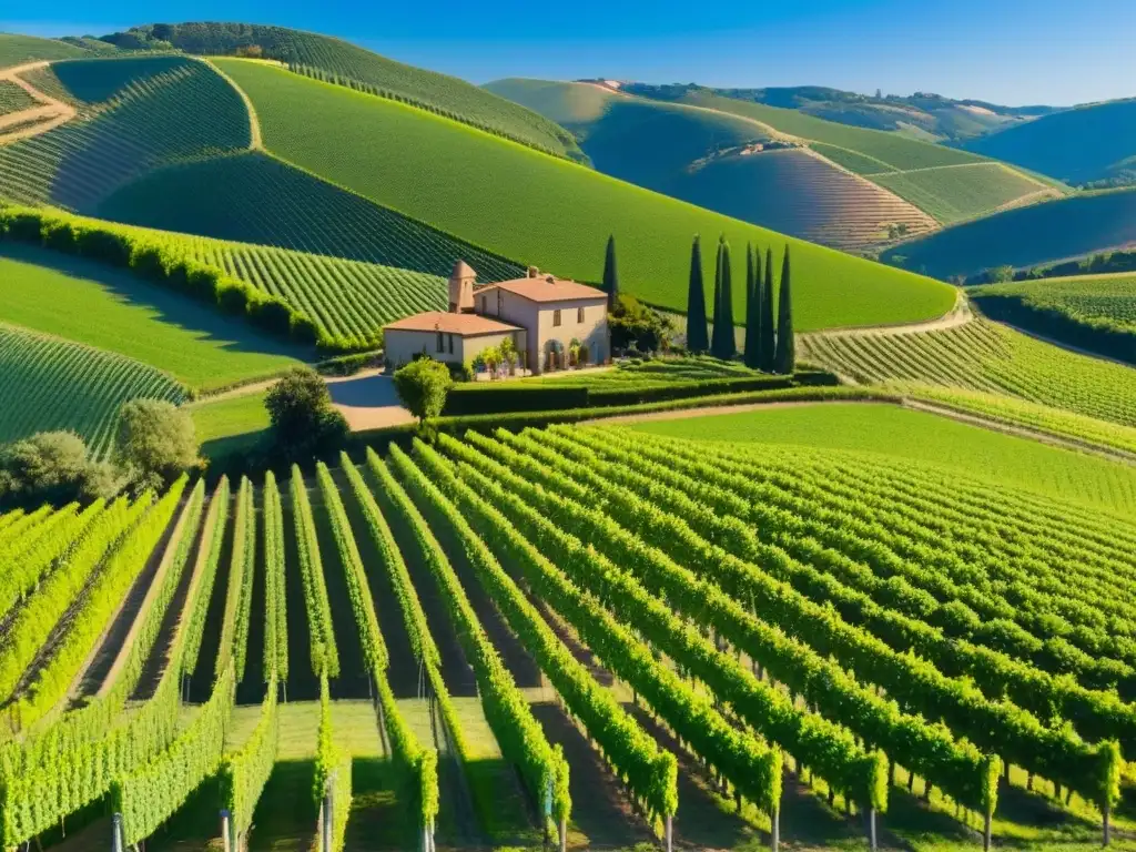 Viñedos de lujo: Inversión internacional en paisajes de ensueño Vista aérea impresionante de viñedos verdes en colinas, con bodega moderna