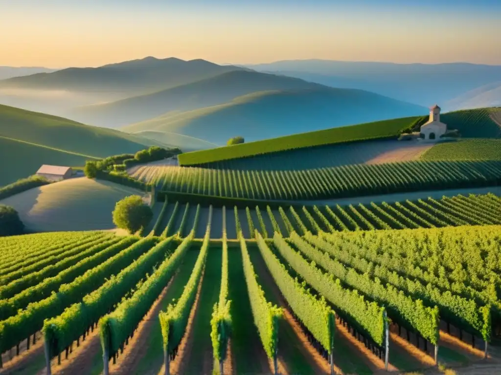 Viñedos serenos: belleza natural y promesa de inversiones enólogas Vista aérea impresionante de viñedos verdes bajo el sol dorado, con montañas al fondo