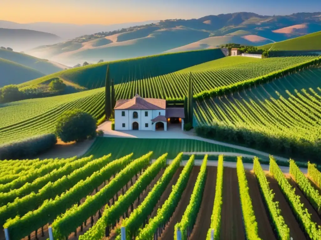Bodega majestuosa en viñedos exuberantes Vista aérea impresionante de viñedos exuberantes en colinas, con filas de vides verdes llevando a una majestuosa bodega