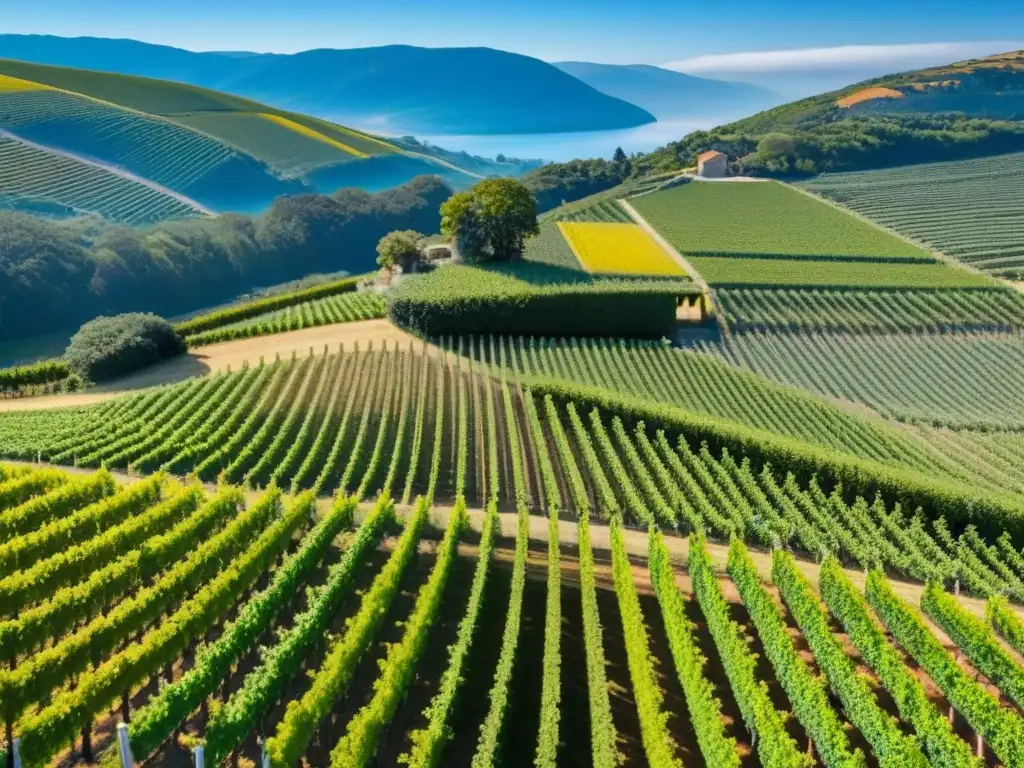 Viñedos majestuosos y bodega moderna: una experiencia enológica única Vista aérea impresionante de viñedos verdes y organizados bajo cielo azul