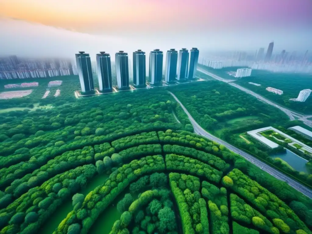 Armonía urbana: parques verdes entre rascacielos Vista aérea impresionante de zonas verdes y rascacielos, mostrando la armonía entre naturaleza y ciudad