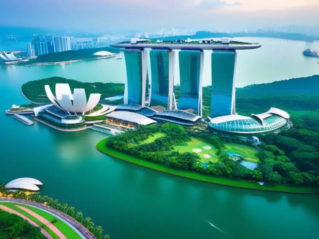 Vista aérea impresionante de Singapur con Marina Bay Sands y Gardens by the Bay