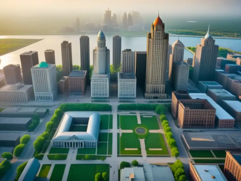Renovación urbana en Detroit: el contraste entre modernidad y historia Vista aérea de Detroit: inversión inmobiliaria, revitalización urbana y progreso en la ciudad