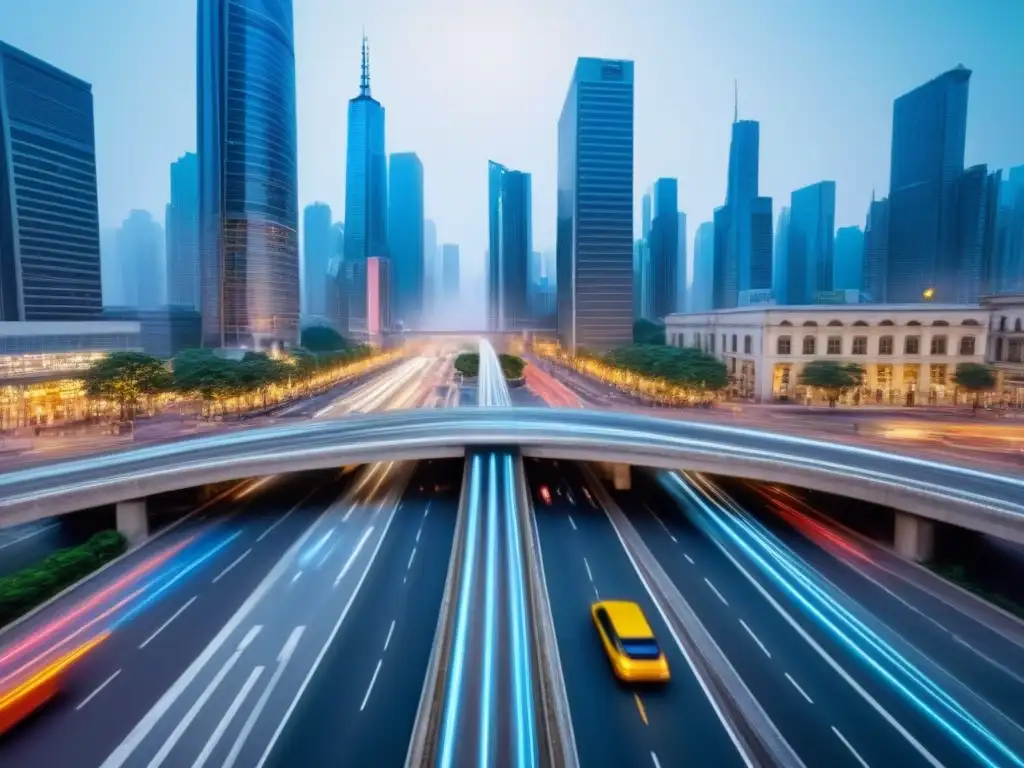 Intersección urbana futurista: movilidad sostenible en la ciudad Vista aérea de una intersección urbana moderna con desarrollos inmobiliarios y movilidad urbana sostenible