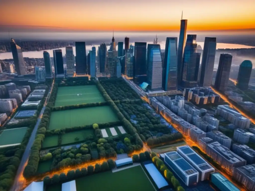 Horizonte urbano al atardecer: luces y sombras en la ciudad moderna Vista aérea de la inversión inmobiliaria internacional durante recesión: rascacielos modernos y distrito financiero al atardecer