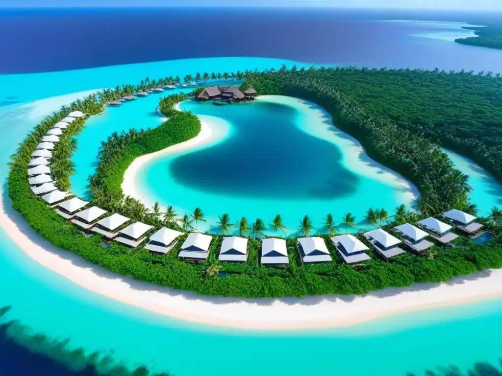 Paraíso eco-lujoso: isla privada con villas sostenibles y exclusivo puerto Vista aérea de isla privada de lujo con diseño sostenible, piscinas infinitas y yate en marina exclusiva