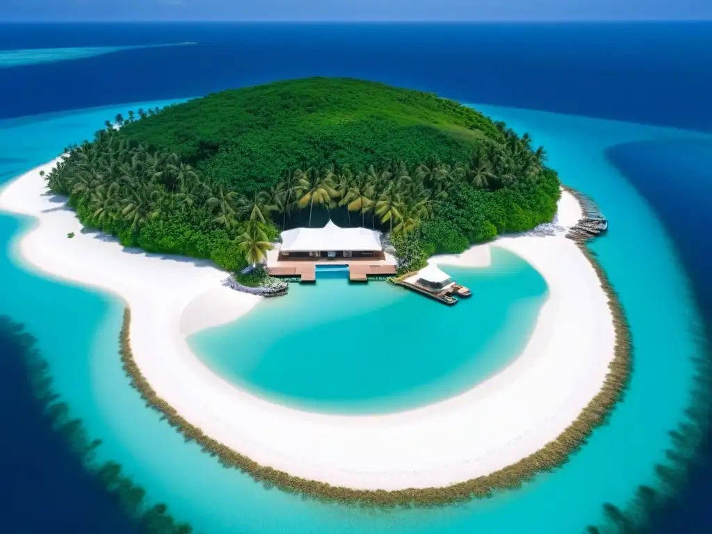 Isla privada de lujo: villa moderna en paraíso exclusivo Vista aérea de una isla privada de lujo con villa moderna, playa de arena blanca y yate