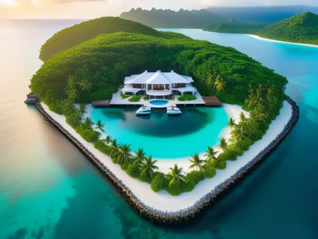 Paraíso de lujo: mansión opulenta en isla privada Vista aérea de isla privada de lujo con mansión moderna, yates, playa y atardecer dorado
