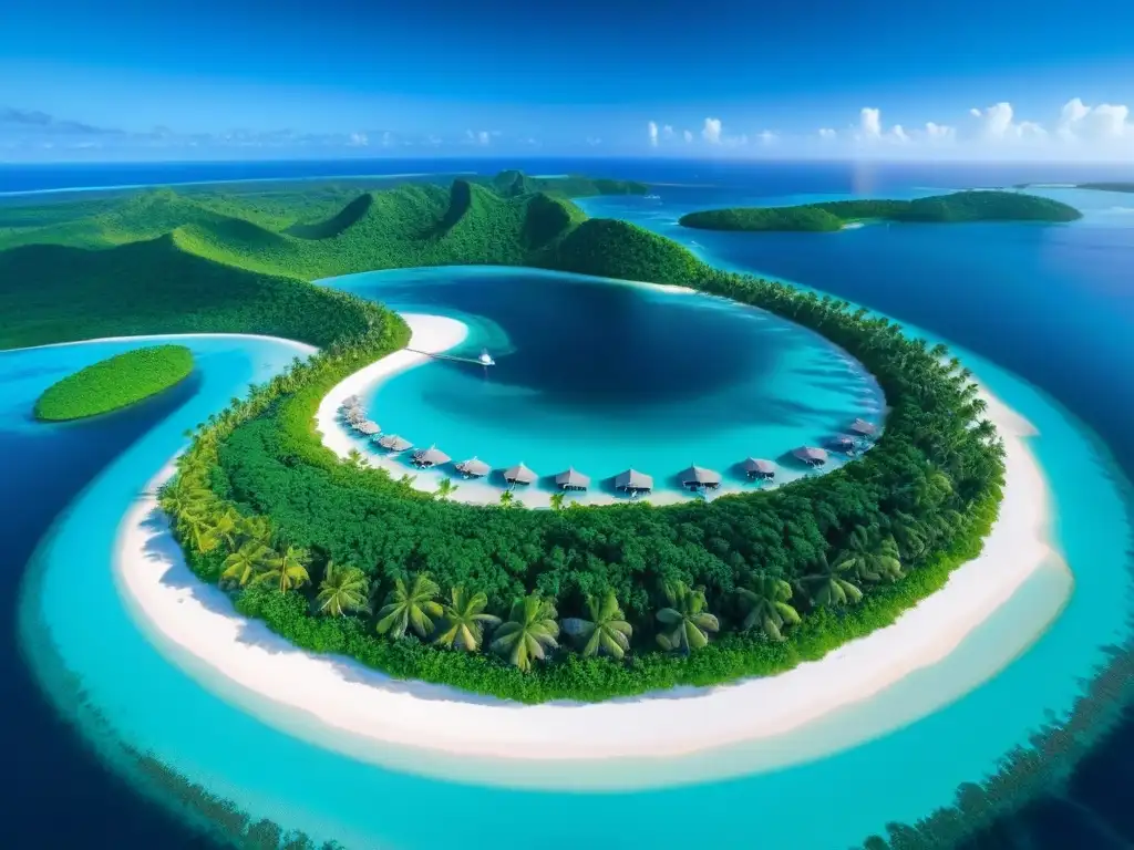Paraíso privado de lujo: isla tropical con villas, yates y puesta de sol Vista aérea de una isla privada rodeada de aguas turquesas, villas de lujo, marina con yates y helipuerto
