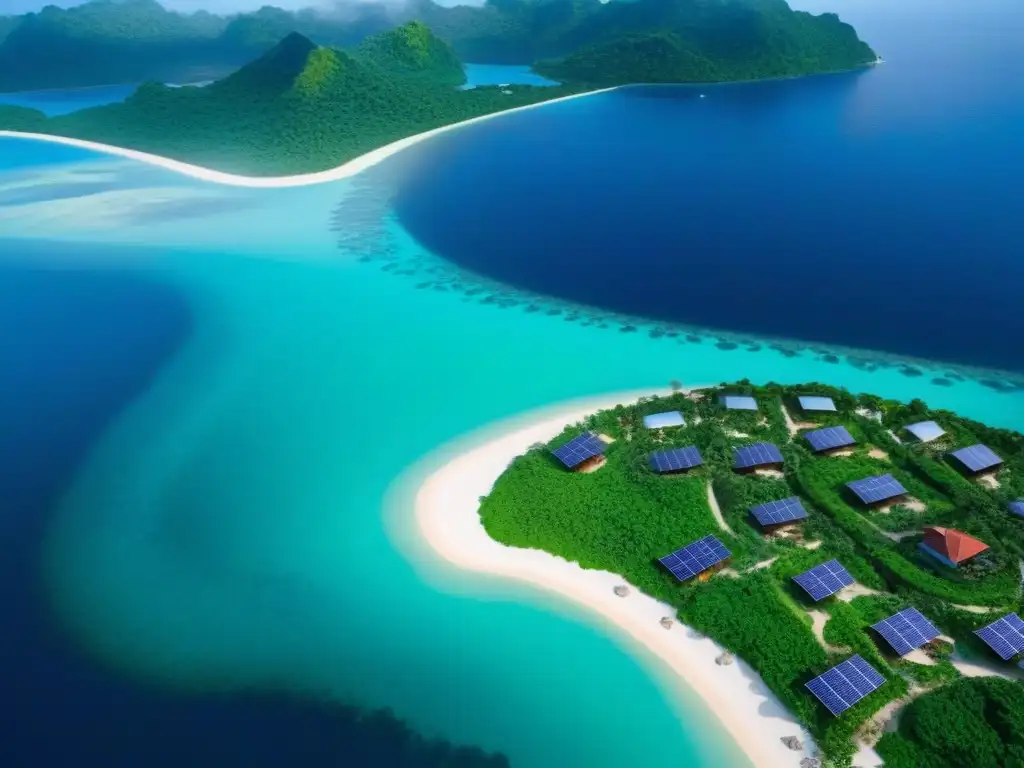 Isla privada sostenible: lujo y ecoconciencia en armonía Vista aérea de una isla privada con villas ecoamigables, huertos y centro comunitario en una comunidad sostenible isla privada