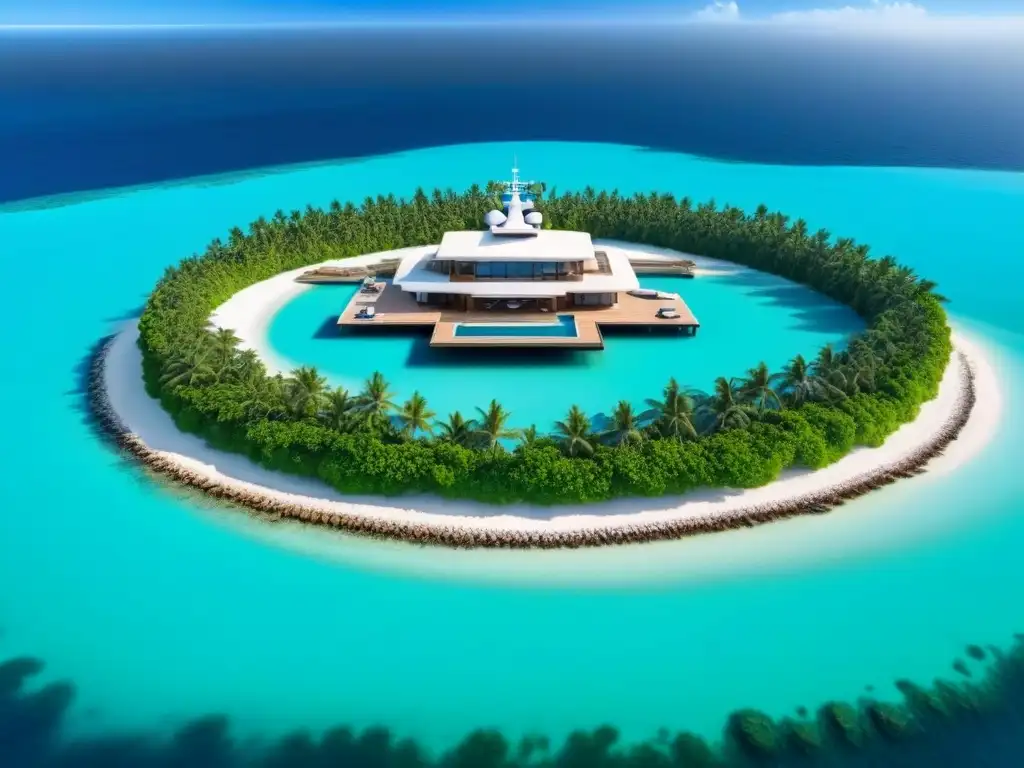 Paraíso de lujo: Isla privada con villa moderna, yate y helicóptero Vista aérea de una isla privada rodeada de aguas turquesas, con una lujosa villa moderna, un yate y un helicóptero