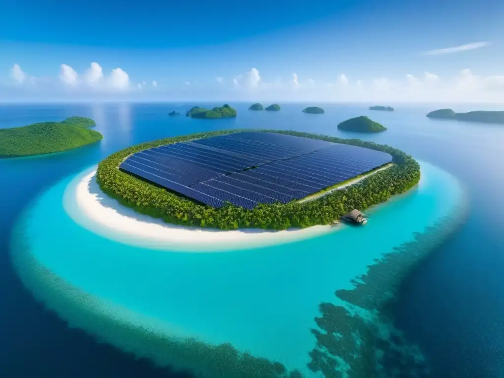 Paraíso sostenible: isla privada ecofriendly y moderna Vista aérea de isla privada: oasis sostenible con arquitectura moderna integrada en paisaje natural