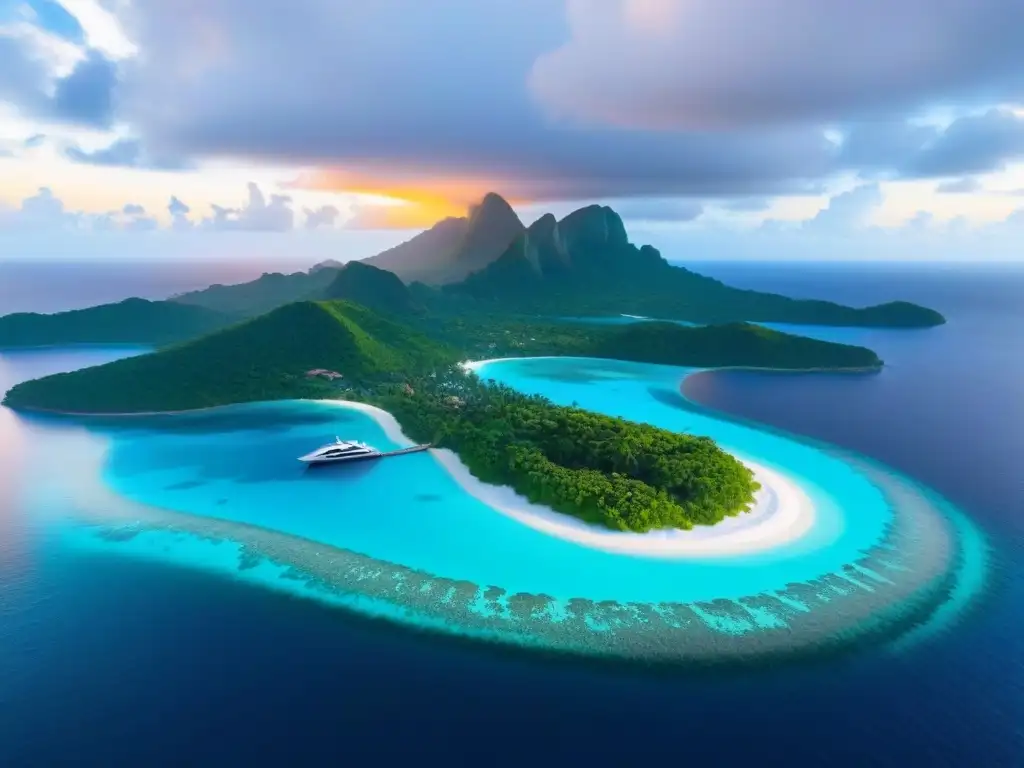 Paraísos Privados: Villa de Lujo en Isla Exclusiva Vista aérea de isla privada de lujo con villa moderna, piscina infinita, vegetación exuberante y yate privado en muelle al atardecer