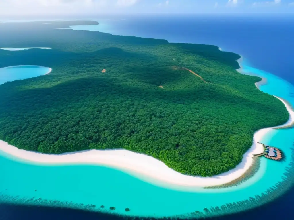 Inversión en isla privada: exclusividad y opulencia Vista aérea de isla privada con aguas turquesas, playas blancas, villas lujosas y piscinas infinitas