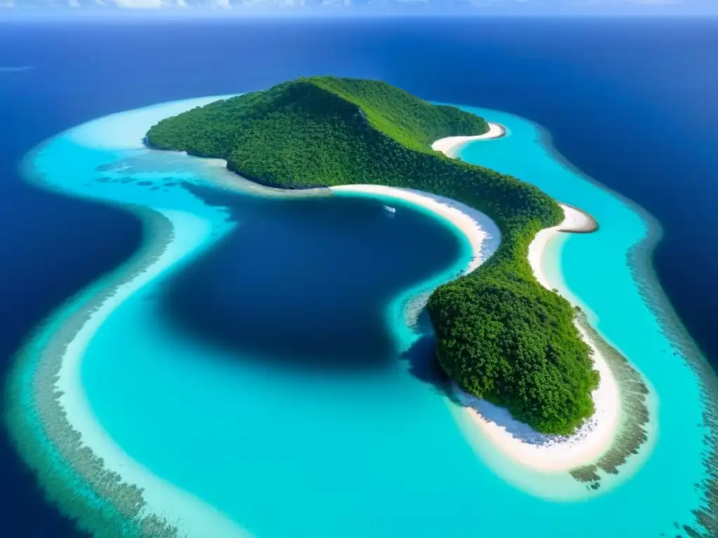 Residencia de lujo en isla privada: exclusividad y elegancia Vista aérea de una isla privada de lujo rodeada de aguas turquesas cristalinas con una impresionante mansión moderna y piscina infinita