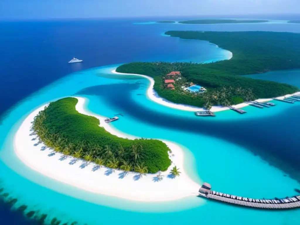 Paraísos exclusivos: isla privada de lujo con villas, playas y yate Vista aérea de isla privada con villas de lujo, playas de arena blanca y yate en marina