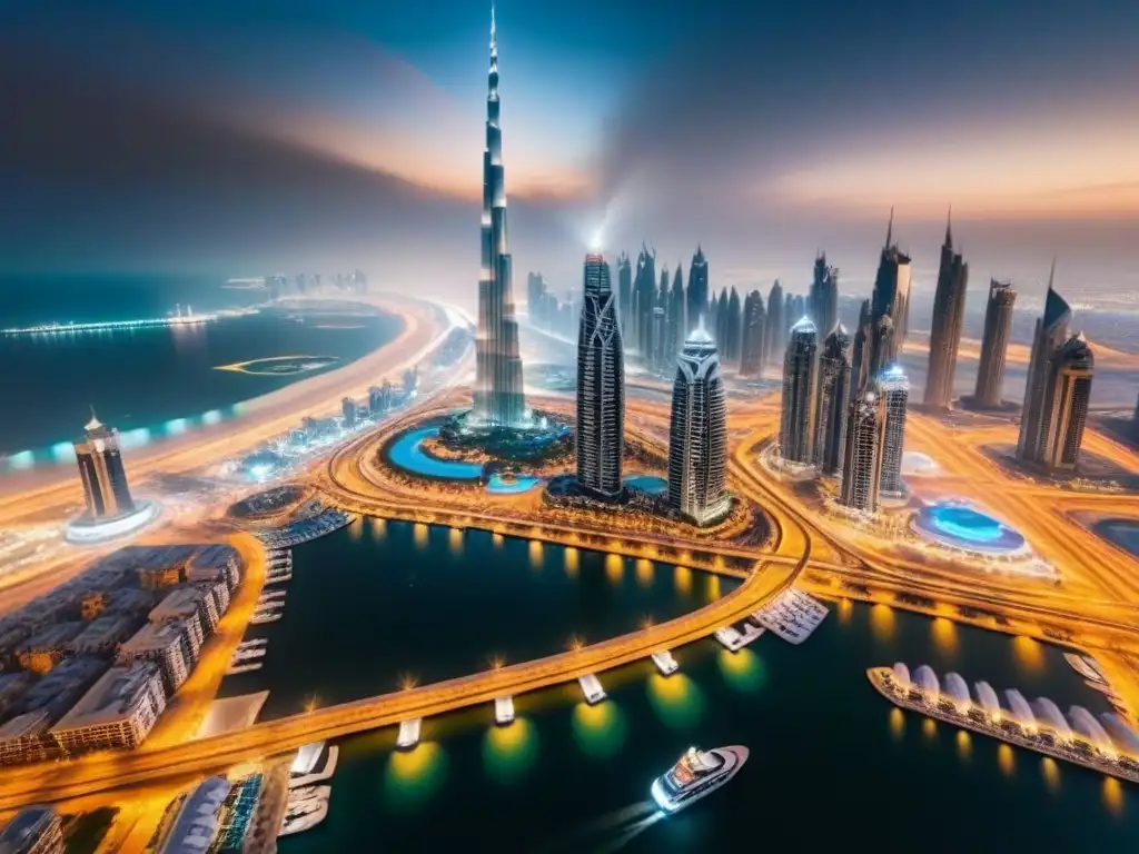 Espléndido skyline nocturno de Dubai: luces y modernidad Vista aérea de noche de Dubái, con luces brillantes de propiedades de lujo y el icónico Burj Khalifa