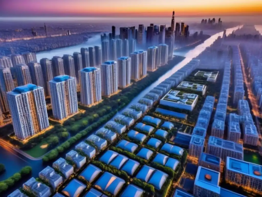 Vista aérea de lujo con arquitectura moderna y jardines en la azotea, reflejando la luz dorada del atardecer