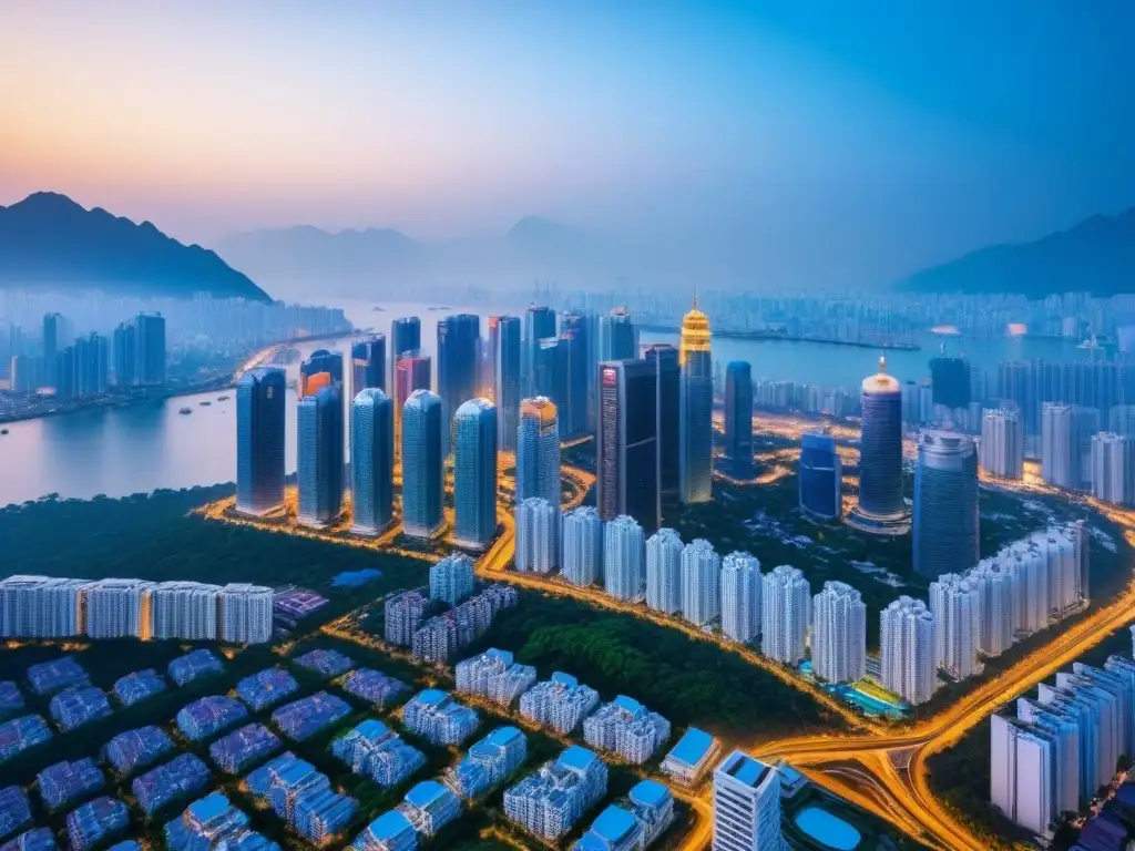 Lujo urbano en Asia: ciudad moderna entre tradición y rascacielos Vista aérea de lujo de una bulliciosa ciudad asiática con modernos rascacielos y arquitectura tradicional
