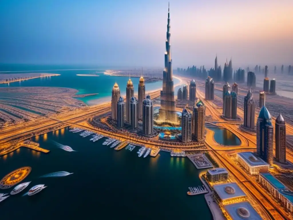 Esplendor urbano: Dubai, Burj Khalifa y lujo en la noche Vista aérea de lujo en Dubai al anochecer, con el Burj Khalifa y brillantes rascacielos reflejados en el agua de la Marina