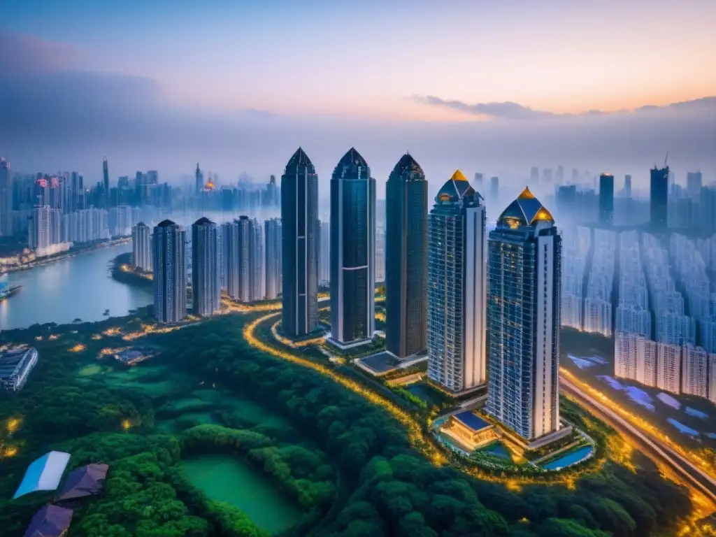 Lujo urbano entre rascacielos en metrópolis asiática Vista aérea de lujo: complejo residencial en metrópoli asiática