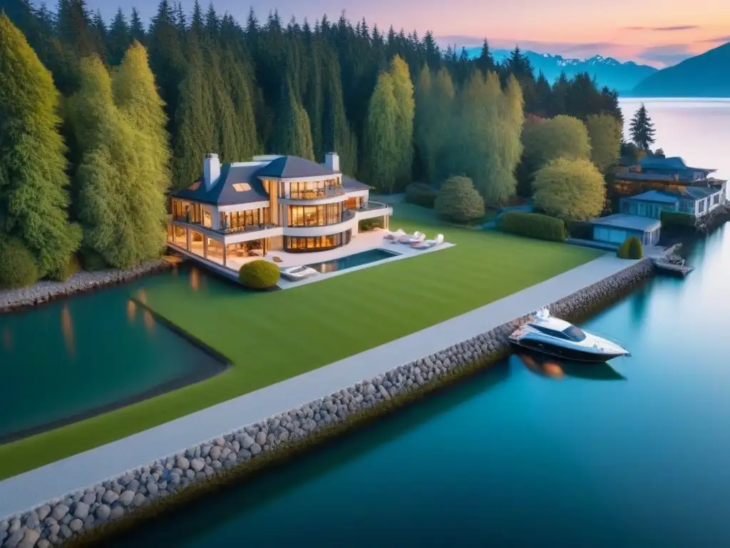 Residencia de lujo en Vancouver: arquitectura moderna y atardecer dorado Vista aérea de mansión de lujo en Vancouver, Canadá, con diseño moderno y muelle privado