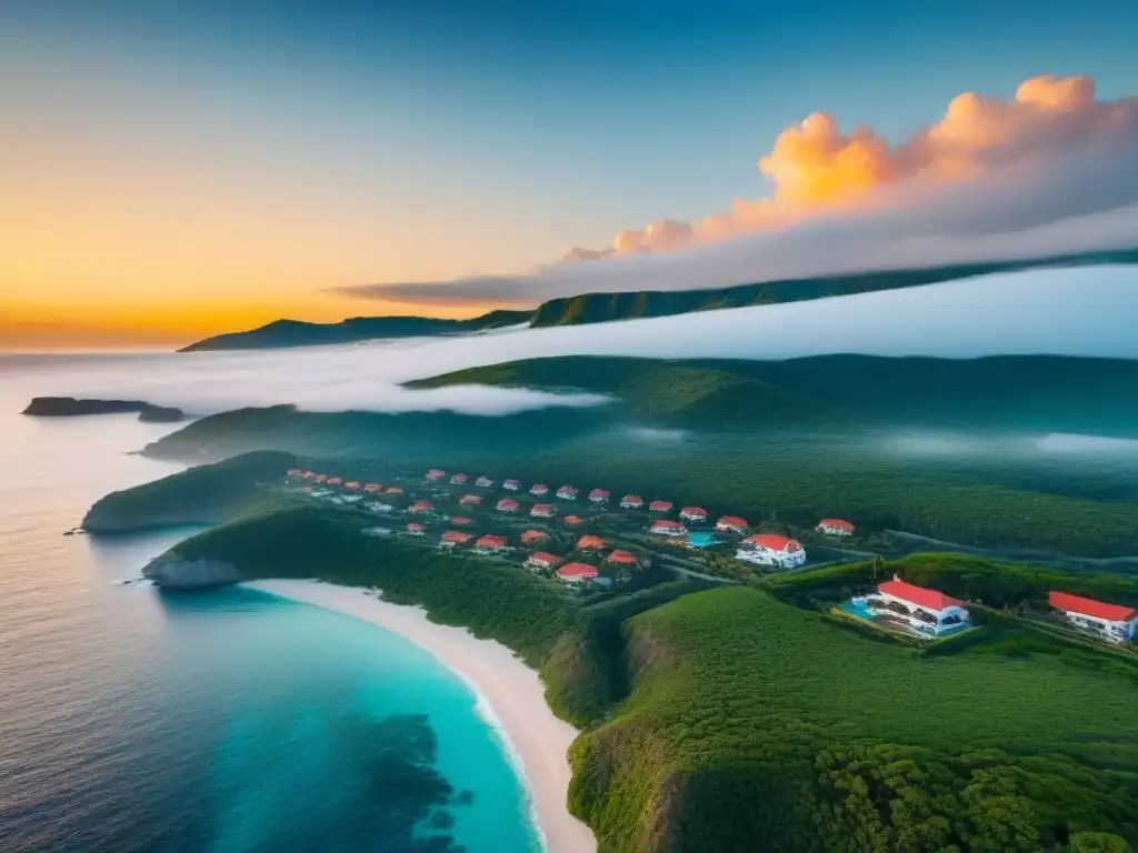 Inversiones en paraíso costero: atardecer dorado Una vista aérea de lujo de propiedades vacacionales en un paisaje costero sereno, con un mar turquesa y un atardecer dorado