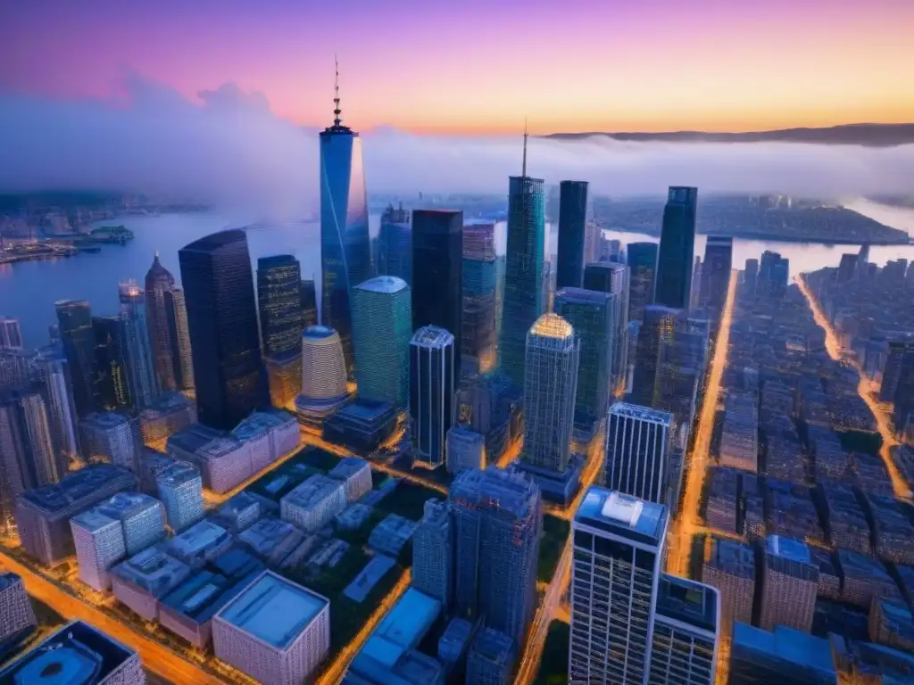 Horizonte urbano nocturno: lujo financiero y modernidad Vista aérea lujosa de la ciudad al atardecer, con rascacielos iluminados y bulliciosa zona financiera