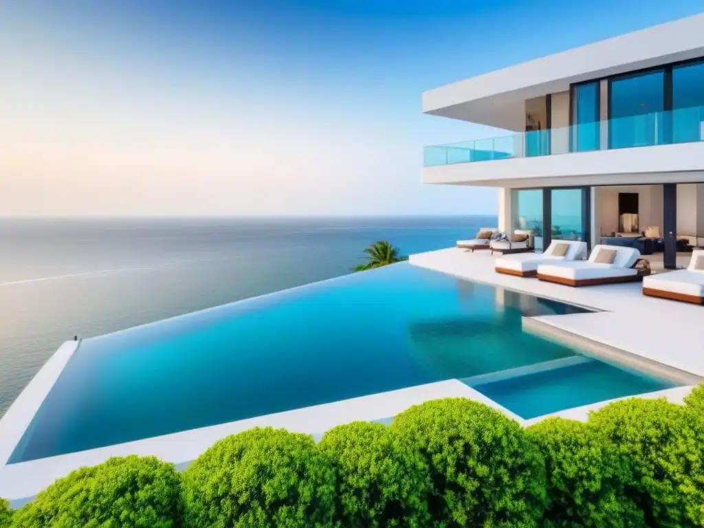 Villa de lujo con piscina infinita y vistas al mar Vista aérea de villa lujosa frente al mar con piscina infinita, jardines exuberantes y decoración contemporánea