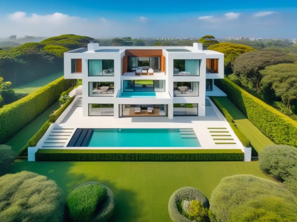 Mansión de lujo: elegancia aérea en jardines verdes Vista aérea de una lujosa mansión rodeada de exuberantes jardines, capturada por un dron de alta resolución en un cielo azul claro