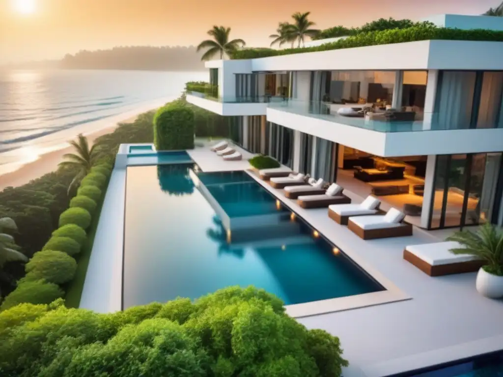 Propiedad de lujo frente al mar con piscina infinita Vista aérea de una lujosa propiedad frente al mar con diseño moderno, piscina infinita y atardecer cálido