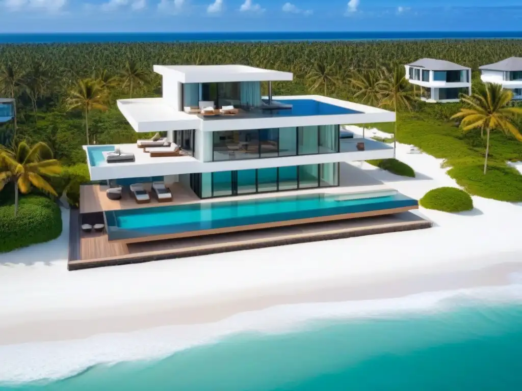 Residencia de lujo frente al mar en Norteamérica Vista aérea de una lujosa propiedad moderna en la playa en Norteamérica con piscina infinita y diseño contemporáneo