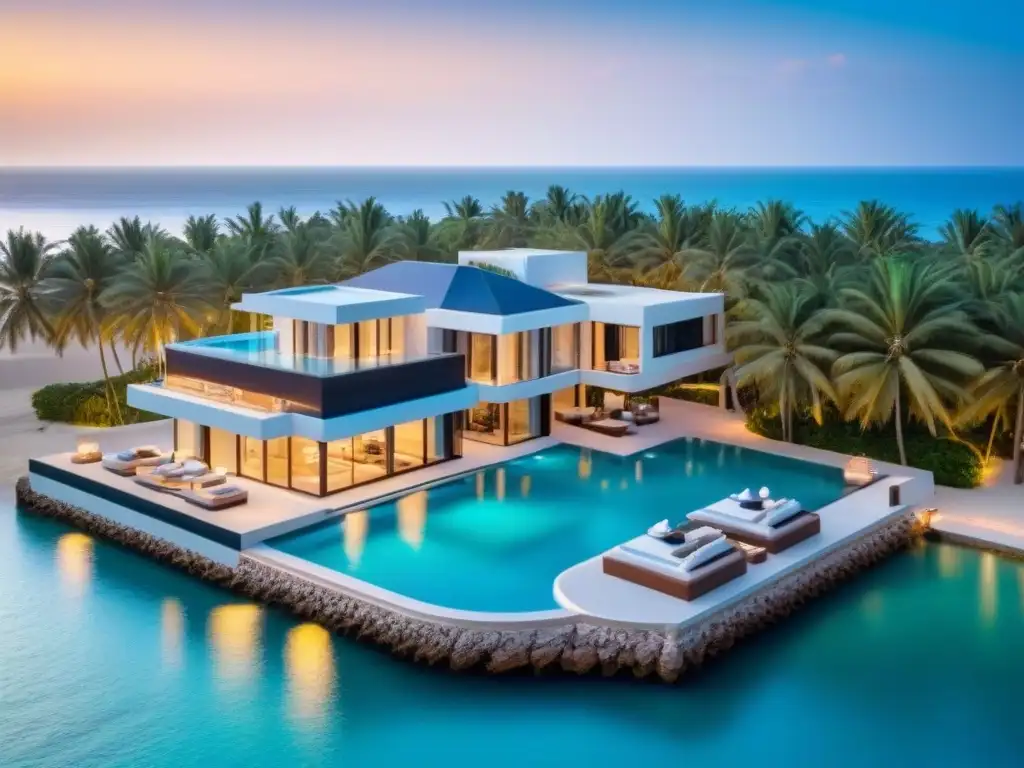 Villa de lujo con infinity pool y playa privada en Medio Oriente Vista aérea de una lujosa propiedad frente al mar en Medio Oriente con piscina infinita, palmeras y playa privada