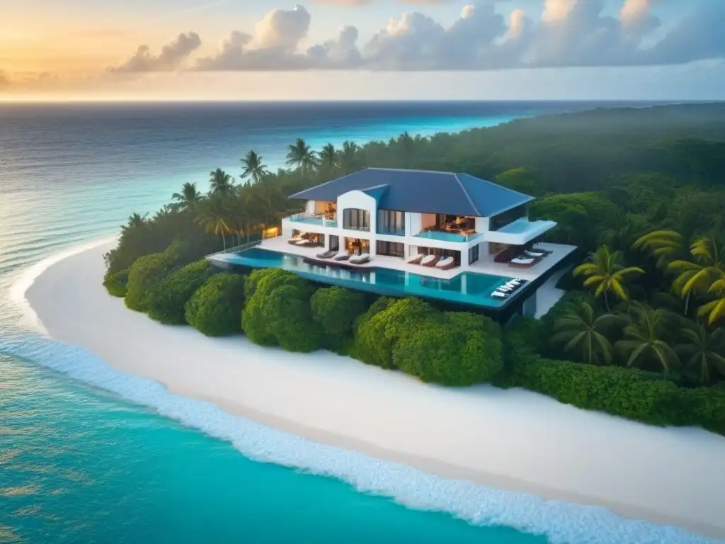 Propiedad de lujo frente al mar en el Caribe con piscina infinita y diseño moderno Vista aérea de una lujosa propiedad frente a la playa en el Caribe, con tendencias mercado inmobiliario caribeño