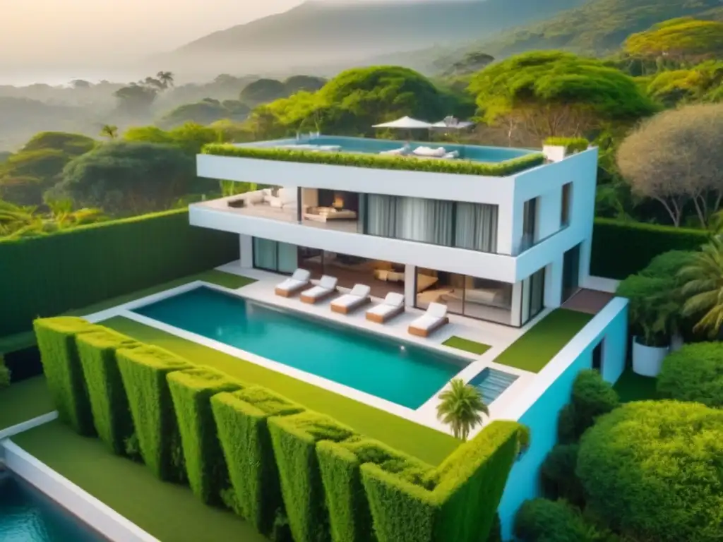 Espléndida villa moderna en exuberante entorno al atardecer Vista aérea de una lujosa villa moderna rodeada de exuberante vegetación, capturada por un dron de alta tecnología con increíble claridad y detalle