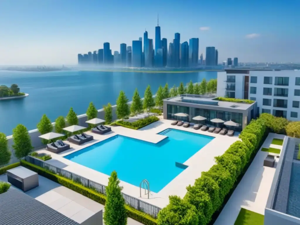 Residencial de lujo: moderno complejo con piscina y fitness center Vista aérea de lujoso complejo de apartamentos con tendencias inversión propiedades multifamiliares