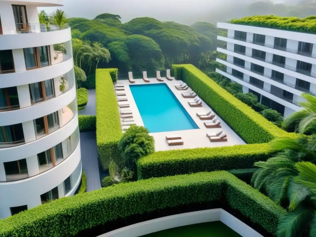 Exclusivo complejo de lujo con piscina en la azotea en Latinoamérica Vista aérea de un lujoso complejo de condominios en un barrio exclusivo, con moderna arquitectura y amenidades de alta gama