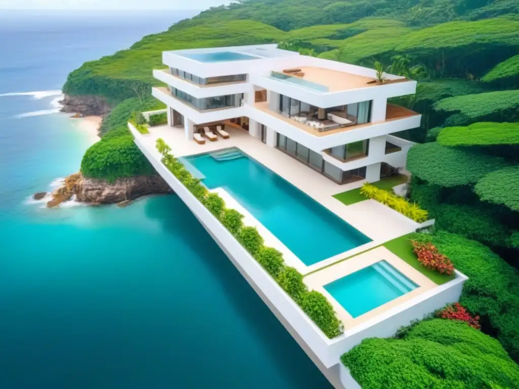 Paraíso tropical: complejo de lujo con infinity pool frente al mar Vista aérea de lujoso complejo de apartamentos rodeado de exuberante vegetación tropical y piscina infinita con vista al mar
