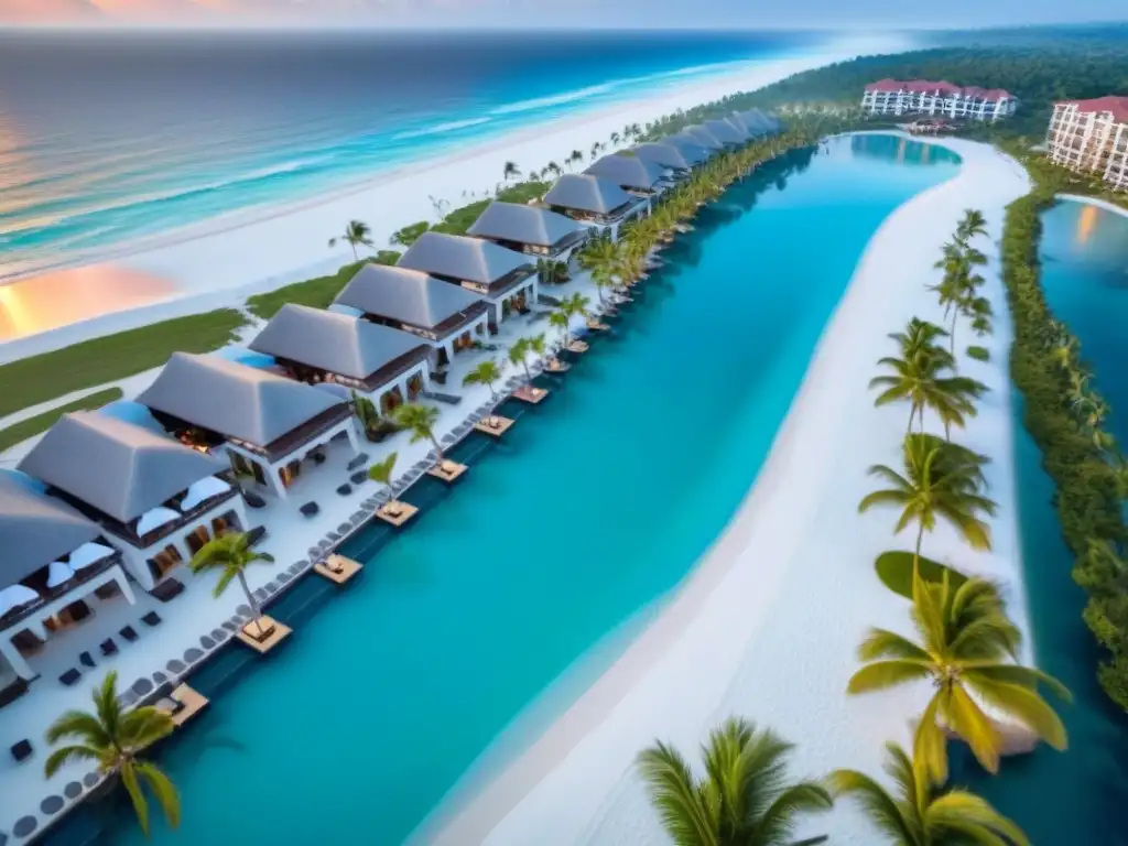 Paraíso exclusivo: vista aérea de lujoso resort frente al mar Vista aérea de lujoso complejo de tiempo compartido en la playa, con villas modernas y piscinas infinitas