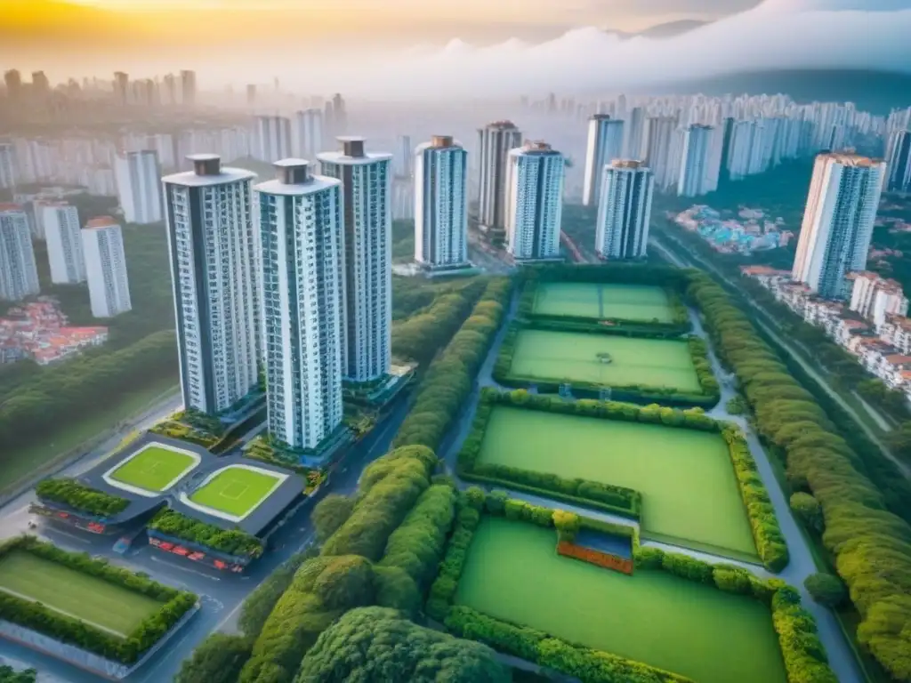 Metropolis latinoamericana: lujo y crecimiento urbano Vista aérea de un lujoso complejo de condominios en una metrópoli latinoamericana, ideal para inversionistas inmobiliarios internacionales