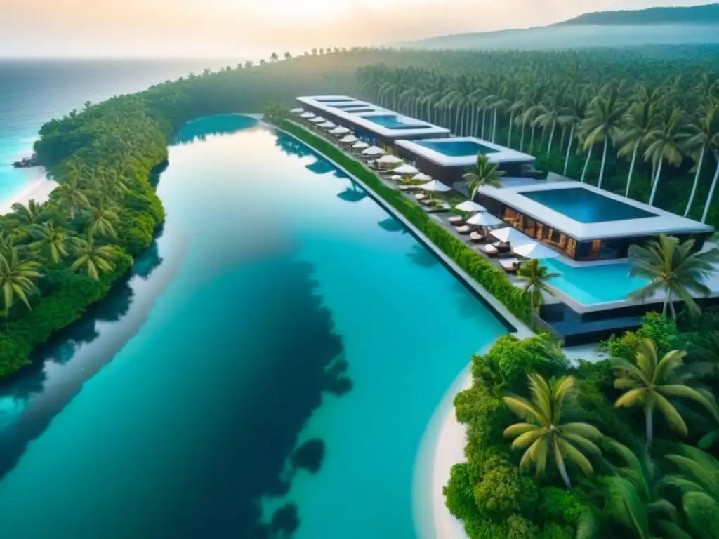 Hotel de lujo en paraíso tropical: inversión rentable Vista aérea de un lujoso hotel moderno entre aguas turquesas y exuberante vegetación